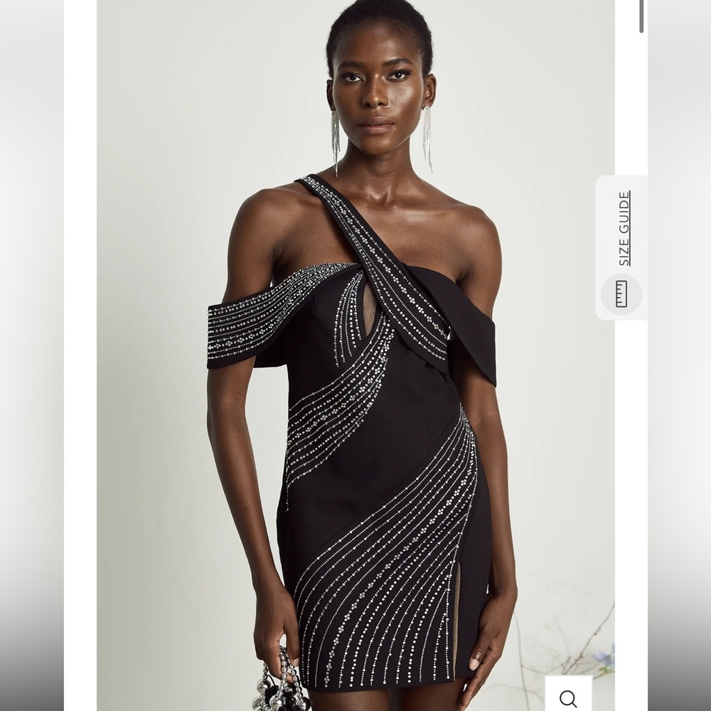Black One-Shoulder Mini Dress with Silver Crystal Accents - Picture 2 of 4
